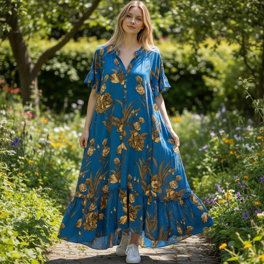 Anthropologie Blue Floral Ruffle Tiered Maxi Dress XS Boho Short Sleeve